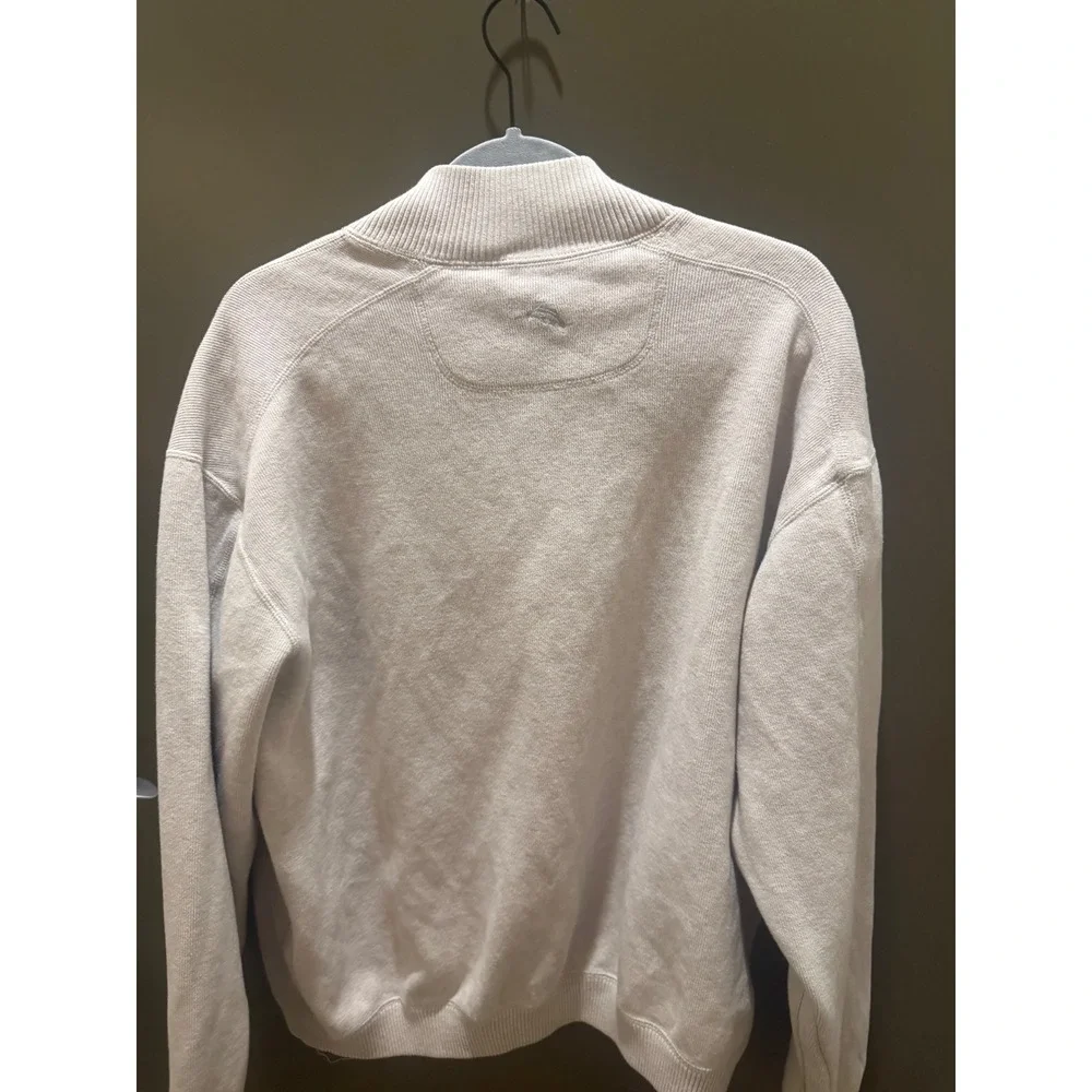 Tommy Bahama Mens XL Quarter Zip Pullover Sweater Beige Ribbed Knit Marlin Logo